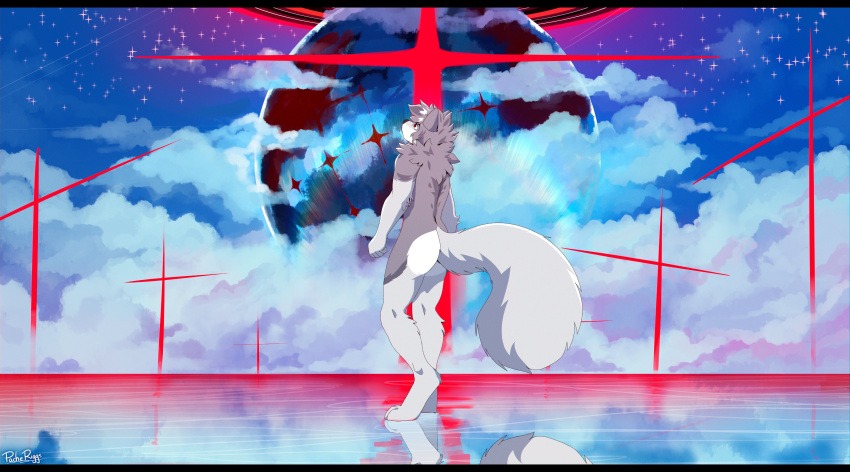 absurd_res anthro armiger_(bxrnstellar) canid cloud fur grey_body grey_fur grey_hair hair hi_res looking_up male mammal nude pache_riggs planet red_eyes reflection short_hair signature sky solo standing star white_body white_fur