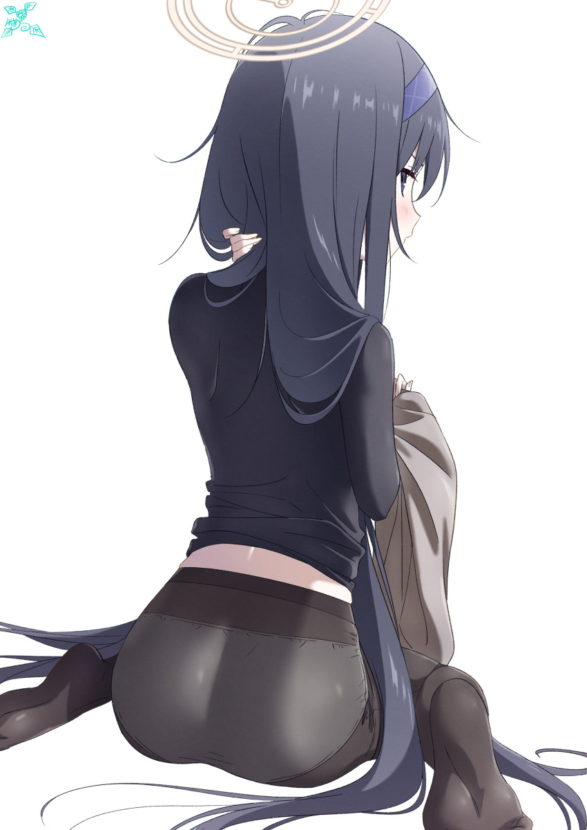 1girl absurdres ass black_hair black_pantyhose black_shirt blue_archive blush commentary from_behind full_body hairband halo highres kneeling long_hair long_sleeves makicha_(sasurainopink) pantyhose purple_hairband shirt simple_background sitting soles solo ui_(blue_archive) wariza white_background yellow_halo