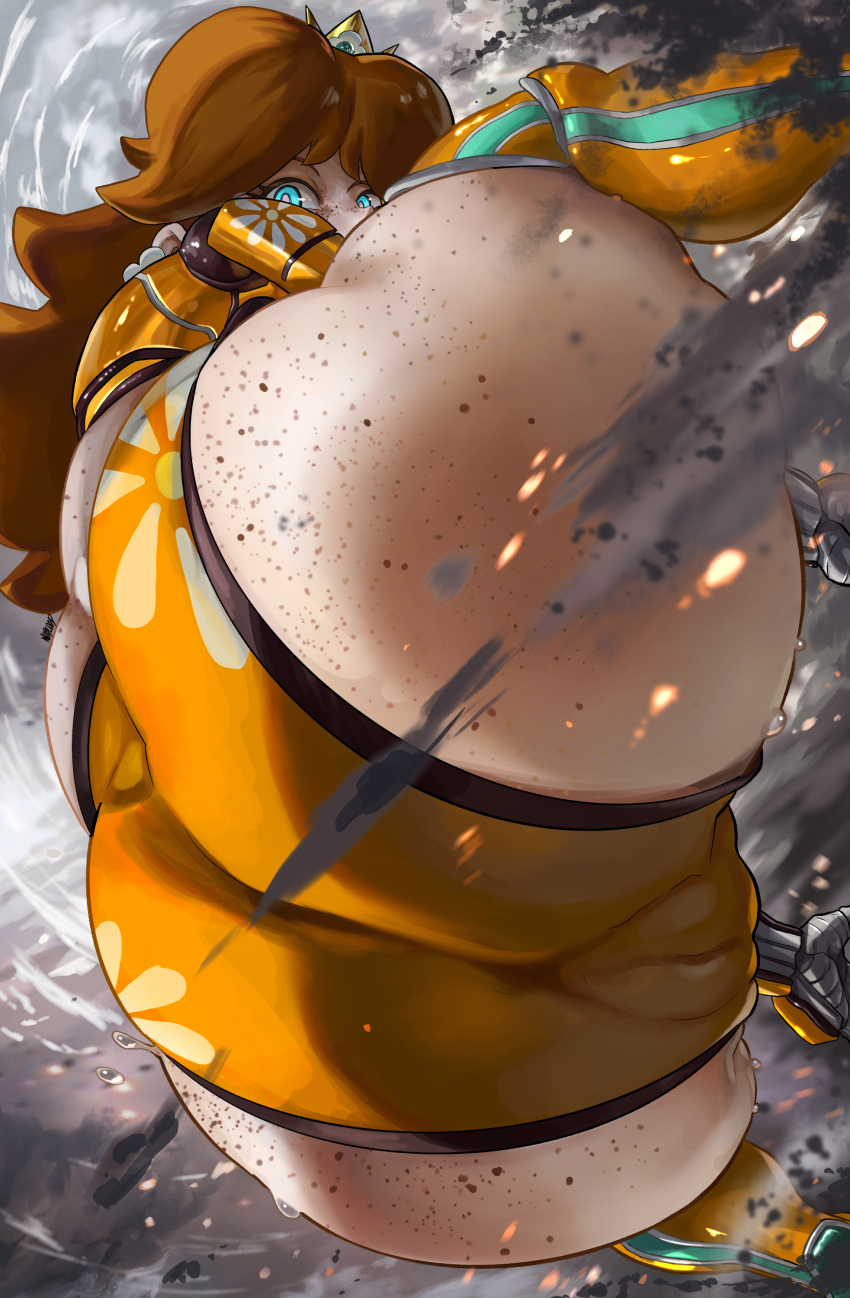 1girl absurdres ass ass_focus blue_eyes brown_hair cameltoe covered_pussy crown freckles from_below gloves highres huge_ass long_hair looking_at_viewer looking_down mario_(series) noblood_(ryandomonica) princess_daisy shorts solo spread_legs squatting super_mario_strikers thick_thighs thighs