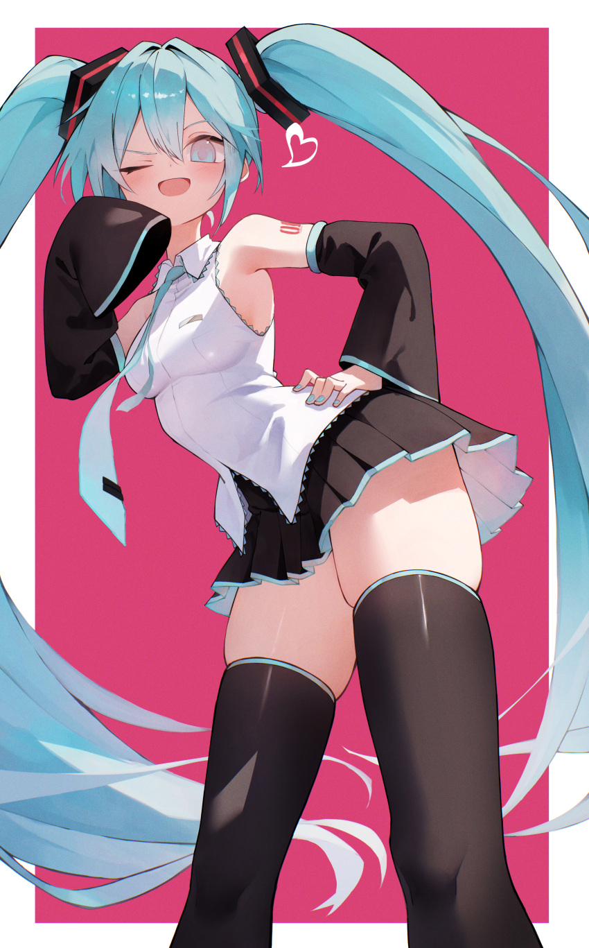 1girl 200f_(nifu) absurdres aqua_eyes aqua_hair aqua_nails aqua_necktie armpits black_sleeves border collared_shirt detached_sleeves feet_out_of_frame from_below hair_between_eyes hair_intakes hand_on_own_hip hatsune_miku heart highres leaning_forward long_hair miniskirt necktie one_eye_closed pink_background shirt skindentation skirt sleeves_past_fingers sleeves_past_wrists solo thighhighs twintails vocaloid white_border white_shirt zettai_ryouiki