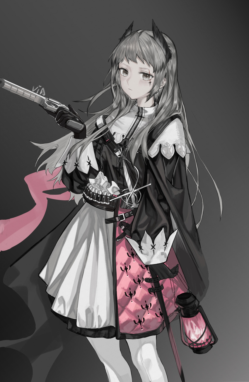 1girl absurdres animal_ears arknights artist_name black_cape cape closed_mouth cross cross_facial_mark dress expressionless facial_mark gradient_background grey_background grey_hair gun highres holding holding_lantern holding_weapon irene_(arknights) lantern long_hair looking_at_viewer pantyhose pink_dress sheath sheathed signature solo standing sword two-tone_dress v.ia weapon white_dress white_pantyhose