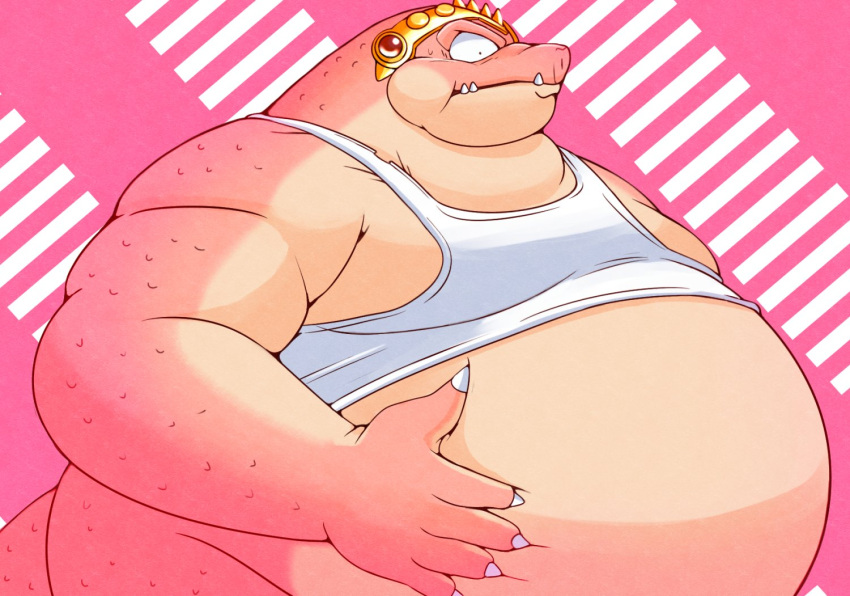 2024 5_fingers anthro belly big_belly biped clothing crocodile crocodilian crocodine crocodylid dragon_quest dragon_quest:_the_adventure_of_dai fingers kemono male marumu_5656 obese obese_male overweight overweight_male pink_body reptile scalie shirt simple_background solo square_enix topwear