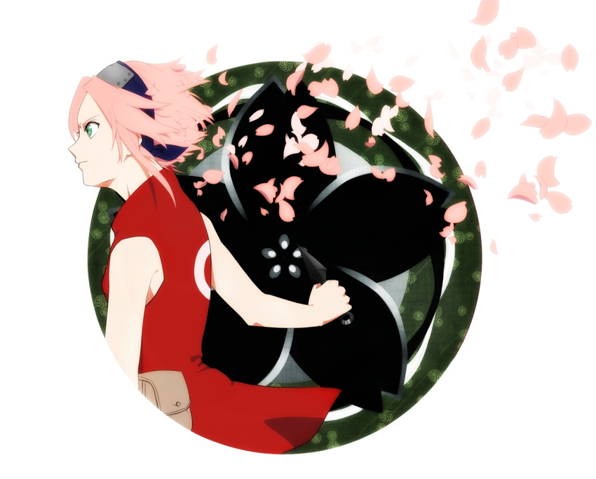 1girl bag black_headband border buizelbuibui cherry_blossoms closed_mouth falling_petals from_side green_eyes haruno_sakura headband naruto naruto_(series) petals pink_hair red_shirt round_border satchel shirt short_hair sleeveless sleeveless_shirt solo white_border