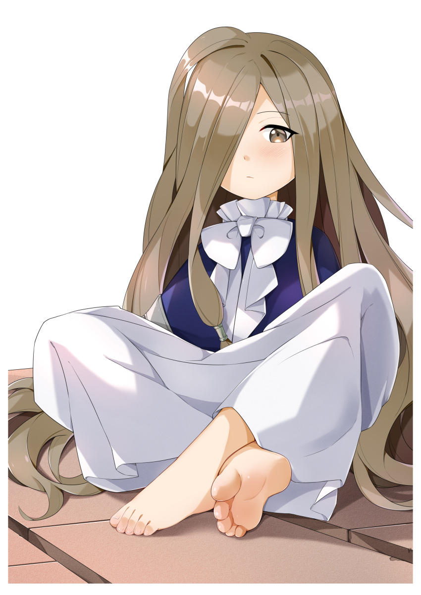 1girl absurdres barefoot blush bow brown_eyes brown_hair chashuwu chinese_commentary commentary_request dress hair_over_one_eye highres long_bangs long_hair on_floor sense_(sousou_no_frieren) sitting soles solo sousou_no_frieren toes very_long_hair white_bow white_dress