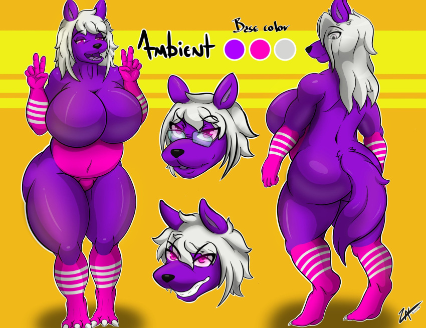 anthro belly big_belly big_breasts breasts canid canine canis expressions eyewear female glasses hair hi_res mammal model_sheet pink_eyes purple_body solo tail white_hair wolf zak_hitsuji