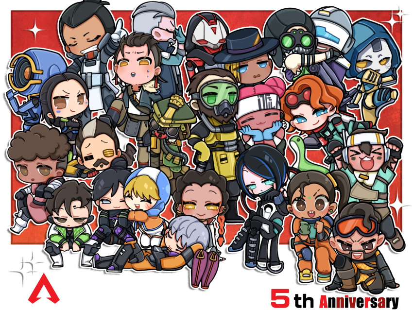 &gt;_&lt; 6+boys 6+girls =_= ^_^ android animification anniversary apex_legends arm_strap armor ash_(titanfall_2) assault_visor aviator_cap ballistic_(apex_legends) bangalore_(apex_legends) beard black_bodysuit black_gloves black_hair black_jacket black_sclera bloodhound_(apex_legends) blue_gloves blue_hair blue_hat blue_jacket bodysuit braid breastplate bright_pupils brown_hair brown_jacket brown_pants brown_shirt cable carrying catalyst_(apex_legends) caustic_(apex_legends) chibi chinese_commentary closed_eyes colored_sclera conduit_(apex_legends) crossed_arms crypto_(apex_legends) dark-skinned_female dark-skinned_male dark_skin double_bun everyone eyebrow_cut facial_hair facial_mark forehead_mark fur-trimmed_jacket fur_trim fuse_(apex_legends) gas_mask gibraltar_(apex_legends) gloves goggles goggles_on_head goggles_on_headwear green_gloves green_vest grey_gloves grey_hair hair_behind_ear hair_bun hair_slicked_back hands_on_own_face hazmat_suit head_tilt helmet highres hood hood_down hood_up hooded_jacket horizon_(apex_legends) humanoid_robot jacket jumpsuit lap_pillow li_nicole lifeline_(apex_legends) loba_(apex_legends) mad_maggie_(apex_legends) mask mirage_(apex_legends) mouth_mask multicolored_hair multiple_boys multiple_girls mustache nessie_(respawn) newcastle_(apex_legends) octane_(apex_legends) old old_man one-eyed open_mouth orange_bodysuit orange_eyes orange_jacket orange_jumpsuit pants pathfinder_(apex_legends) pointing princess_carry purple_lips rampart_(apex_legends) rebreather red_eyes red_hair revenant_(apex_legends) robot scar scar_on_cheek scar_on_face seer_(apex_legends) shirt shoes side_ponytail simulacrum_(titanfall) single_glove single_hair_bun smile smirk sneakers soul_patch sparkle stepped_on streaked_hair sweatdrop twin_braids two-tone_hair undercut v-shaped_eyebrows valkyrie_(apex_legends) vantage_(apex_legends) vest wattson_(apex_legends) white_bodysuit white_jacket white_pupils wraith_(apex_legends) yellow_footwear yellow_gloves