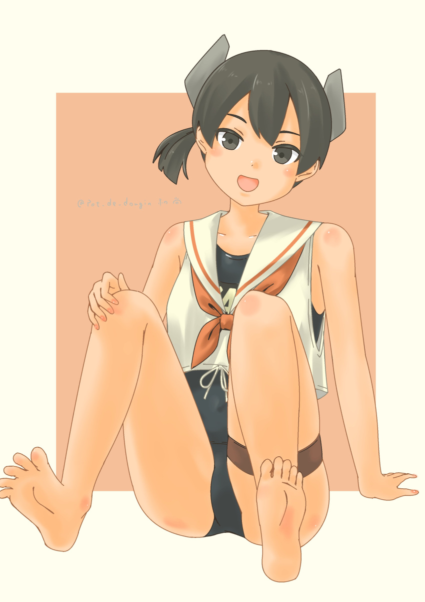 1girl absurdres barefoot black_eyes black_hair black_one-piece_swimsuit blush headgear highres i-41_(kancolle) kantai_collection looking_at_viewer neckerchief one-piece_swimsuit open_mouth orange_background orange_neckerchief pot-de sailor_collar sailor_shirt school_swimsuit shirt short_hair sitting sleeveless sleeveless_shirt smile solo swimsuit swimsuit_under_clothes white_background white_sailor_collar