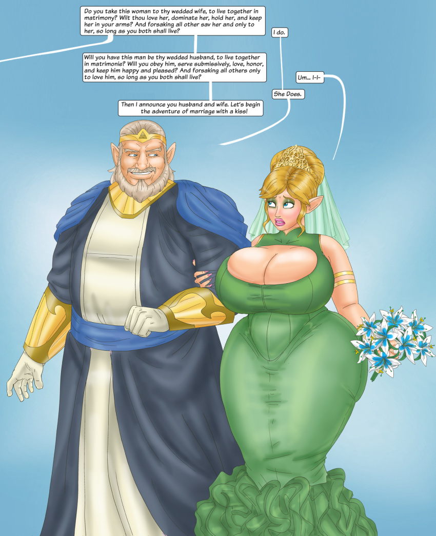 big_breasts bouquet breasts clothing comic crossgender dialogue dress duo elf female gender_transformation hi_res humanoid hylian king_of_hyrule link male mature_female mtf_crossgender nintendo saturnxart the_legend_of_zelda transformation wedding wedding_dress wide_hips