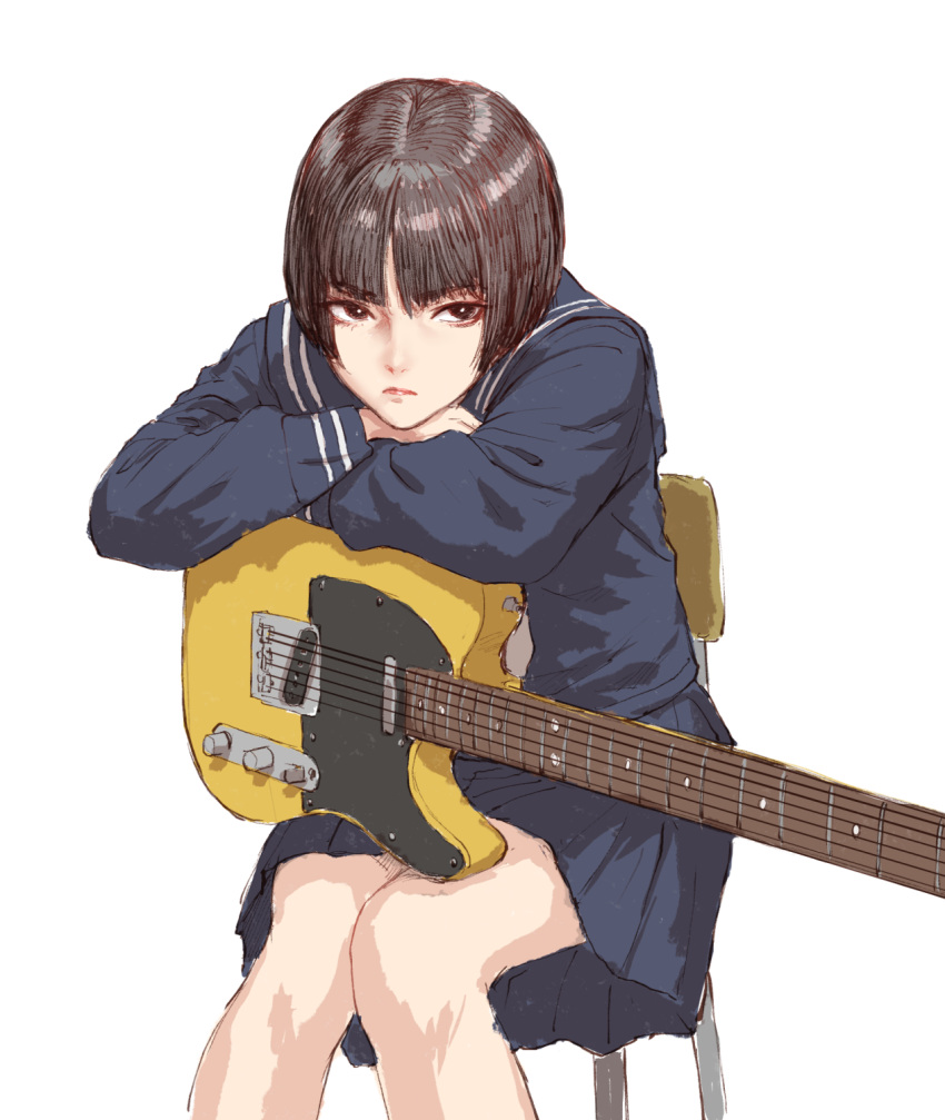 1girl black_eyes black_hair bob_cut chair electric_guitar expressionless fujii_eishun guitar head_rest highres instrument original school_uniform serafuku short_hair simple_background sitting sketch solo white_background