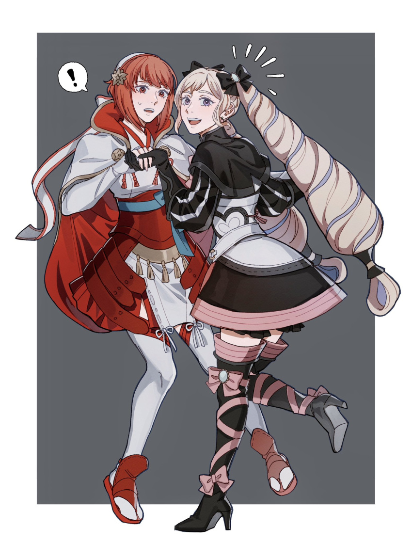 2girls aristocratic_clothes blonde_hair boots drill_hair elise_(fire_emblem) fire_emblem fire_emblem_fates hairband high_heel_boots high_heels highres japanese_clothes multicolored_hair multiple_girls oratoza pink_eyes pink_hair purple_eyes purple_hair red_hair sakura_(fire_emblem) streaked_hair thigh_boots twin_drills twintails white_hairband