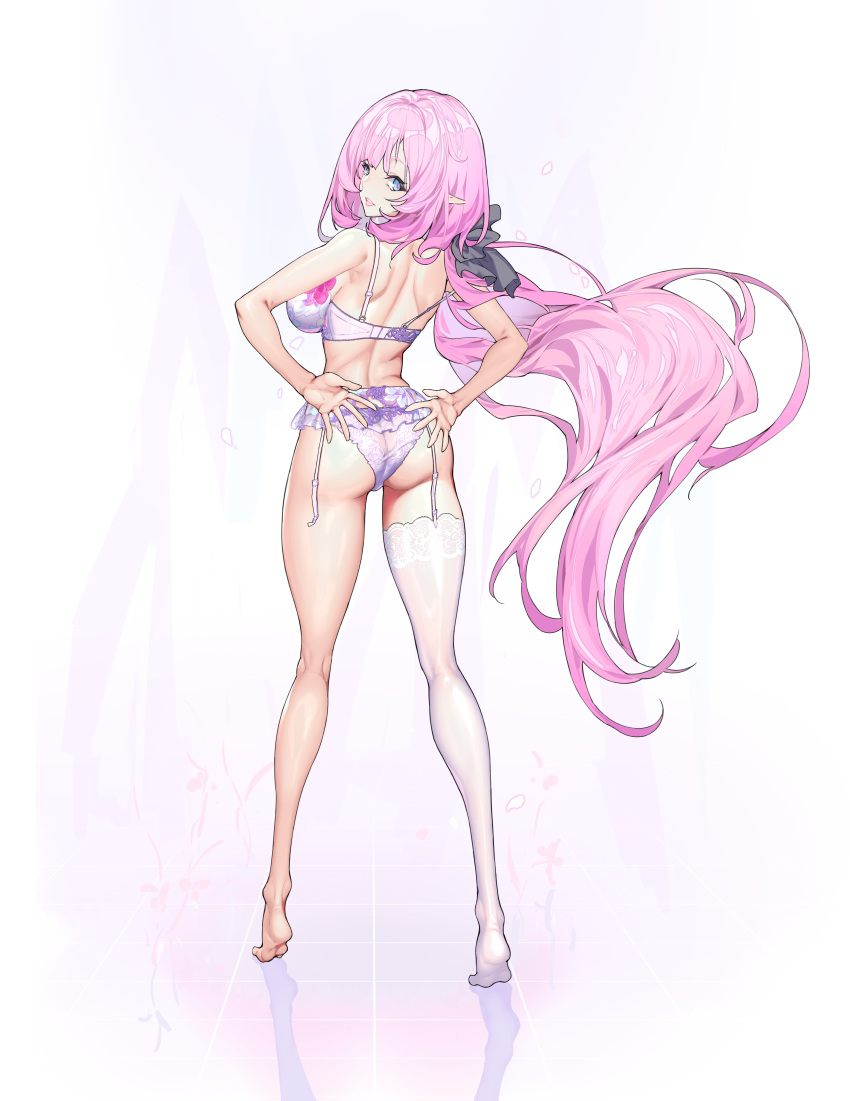 1girl absurdres ass back black_bow blue_eyes bow bra breasts closed_mouth elf elysia_(honkai_impact) full_body guratan hair_bow hands_on_own_hips highres honkai_(series) honkai_impact_3rd kneepits large_breasts lingerie long_hair looking_at_viewer looking_back panties pink_hair pointy_ears reflective_floor single_thighhigh smile soles solo standing thighhighs tiptoes underwear very_long_hair white_bra white_panties white_thighhighs