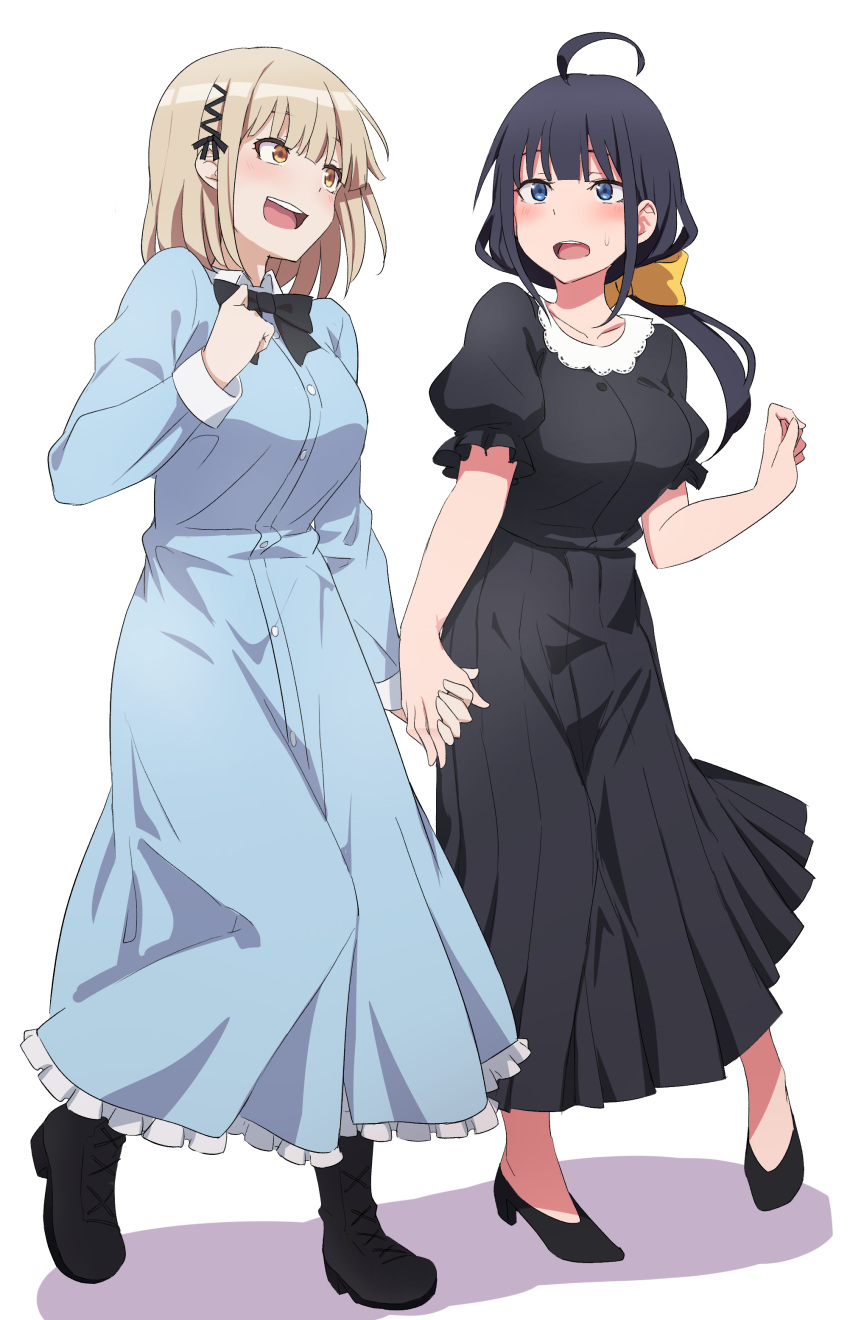 2girls absurdres ahoge black_dress black_footwear black_hair blonde_hair blue_dress blush breasts commentary_request csham dress eye_contact full_body high_heels highres holding_hands jippensha_nashiko kawahigashi_pai large_breasts long_dress long_hair long_sleeves looking_at_another medium_hair multiple_girls open_mouth pon_no_michi puffy_short_sleeves puffy_sleeves short_sleeves simple_background smile standing sweatdrop white_background yellow_eyes yuri