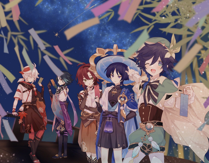 5boys armor bandaged_arm bandages beret black_choker black_gloves black_hair blue_hair blush bow braid cape choker closed_eyes flower genshin_impact gloves gradient_hair hair_between_eyes hat highres holding japanese_armor japanese_clothes jingasa kaedehara_kazuha kote kurokote leaf_print long_sleeves male_focus mole mole_under_eye multicolored_hair multiple_boys night night_sky one_eye_closed open_mouth outdoors pointing red_hair scaramouche_(genshin_impact) shikanoin_heizou shooting_star sky standing star_(sky) streaked_hair tamamura_(tmmr5) tanabata twin_braids venti_(genshin_impact) vision_(genshin_impact) wanderer_(genshin_impact) xiao_(genshin_impact)