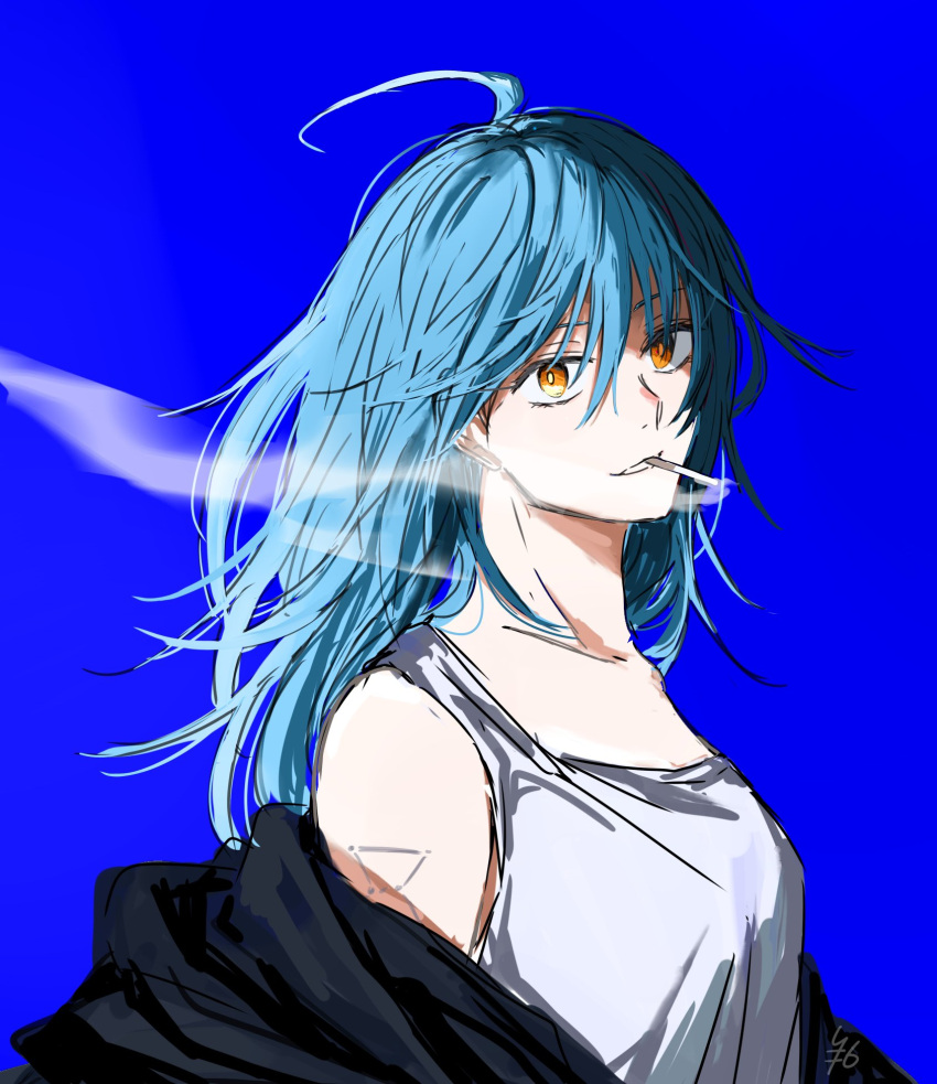 1girl akao_rion arm_tattoo bare_shoulders black_jacket blue_background blue_hair breasts highres jacket light_smile long_hair open_clothes open_jacket rokuen_skd sakamoto_days sleeveless smoke_trail smoking tattoo yellow_eyes