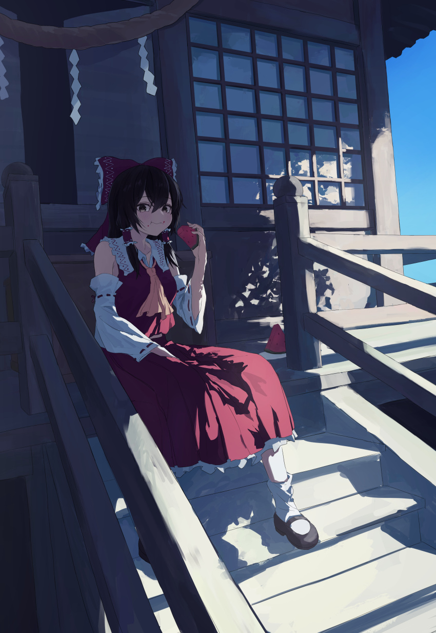 1girl absurdres ascot black_footwear black_hair bow brown_eyes commentary day detached_sleeves eating food food_on_face frilled_bow frilled_hair_tubes frills fruit hair_bow hair_tubes hakurei_reimu highres holding_watermelon long_hair looking_at_viewer mary_janes muginosa red_bow red_skirt ribbon-trimmed_sleeves ribbon_trim shadow shoes sitting skirt skirt_set socks solo touhou watermelon watermelon_slice white_socks yellow_ascot