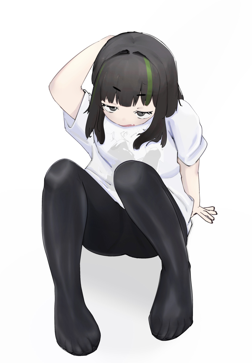 1girl absurdres black_hair black_pantyhose feet full_body highres inno legs no_shoes original pantyhose shirt short_hair simple_background sitting solo toes white_shirt