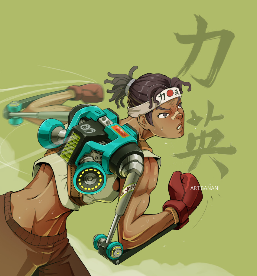 1girl absurdres afro angry art.banani artist_name bandaid bandaid_on_face bandaid_on_nose boxing_gloves brown_pants dark-skinned_female dark_skin dreadlocks exoskeleton gear_(megalo_box) green_background headband highres medium_hair megalo_box muscular muscular_female original pants ponytail punching shirt small_sweatdrop solo sweat v-shaped_eyebrows white_headband white_shirt