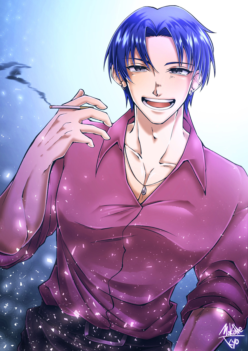 1boy :d absurdres adam's_apple blue_hair cigarette ear_piercing earrings highres holding holding_cigarette human_bug_daigaku jewelry looking_at_viewer male_focus necklace piercing pink_shirt shirt short_hair smile smoking solo standing sumeragi_tera_(kouzinariagari1)