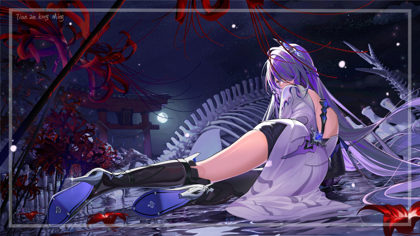 1girl absurdres acheron_(honkai:_star_rail) back black_choker black_gloves black_shorts bone boots choker coat coattails detached_sleeves flower full_moon gloves hair_over_one_eye high_heels highres honkai:_star_rail honkai_(series) legs long_hair looking_back moon multicolored_hair on_ground purple_eyes purple_hair red_flower short_shorts shorts single_bare_shoulder skeleton sky solo star_(sky) starry_sky streaked_hair thigh_boots thighs tianzekongming torii water white_coat