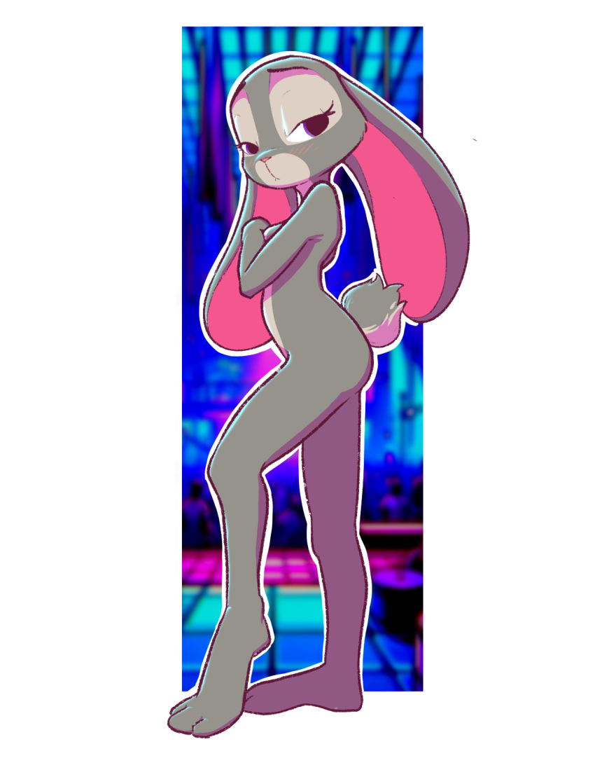 anthro breasts covering covering_breasts disney eyebrows eyelashes feet female full-length_portrait fur grey_body grey_fur half-closed_eyes hi_res judy_hopps lagomorph leporid lilidae mammal multicolored_body multicolored_fur narrowed_eyes nude portrait purple_eyes rabbit scut_tail short_tail solo standing tail toes two_tone_body two_tone_fur zootopia