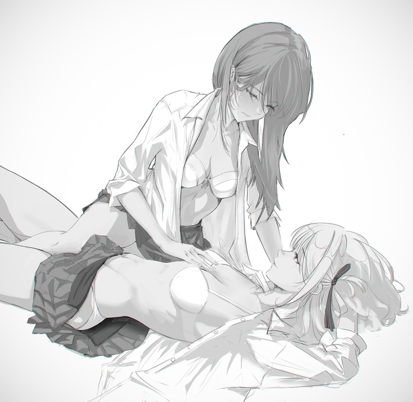 2girls bra breasts closed_mouth collared_shirt grabbing grabbing_another's_breast greyscale hair_ribbon highres inoue_takina ker0nit0 leg_between_thighs long_hair looking_at_another lycoris_recoil lying medium_breasts medium_hair monochrome multiple_girls navel nishikigi_chisato on_back one_side_up open_clothes open_mouth open_skirt panties pleated_skirt ribbon school_uniform shirt skirt sleeves_rolled_up smile underwear yuri