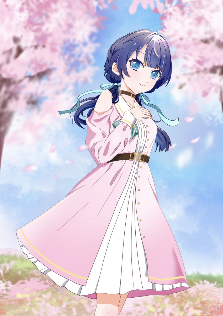 1girl belt blue_eyes blue_hair blue_ribbon blue_sky blurry blurry_background brown_belt brown_choker cherry_blossoms choker closed_mouth clothing_cutout collared_dress commentary dark_blue_hair dress dress_ribbon falling_petals feet_out_of_frame gradient_dress hair_ribbon hand_on_own_chest highres hikari_wind0919 link!_like!_love_live! long_hair long_sleeves looking_at_viewer love_live! low_twintails murano_sayaka open_clothes open_dress petals pink_dress pink_petals pleated_dress ribbon shoulder_cutout sky smile solo split_mouth standing twintails virtual_youtuber white_dress