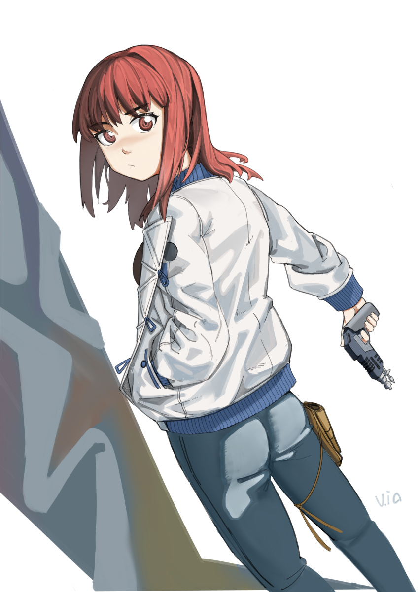 1girl :/ absurdres artist_name ass breasts closed_mouth grey_pants hand_in_pocket highres holding holding_weapon jacket kiruko_(tengoku_daimakyou) long_hair long_sleeves looking_at_viewer looking_back pants red_eyes red_hair signature simple_background small_breasts solo standing tengoku_daimakyou v.ia weapon white_background white_jacket