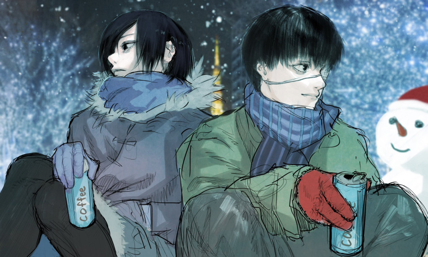 1boy 1girl black_hair can canned_coffee city_lights coat coffee couple drink_can eyepatch fur-trimmed_coat fur_trim highres kaneki_ken kirishima_touka looking_to_the_side medical_eyepatch scarf snow snowing snowman stfr_(stfr_kaz) tokyo_ghoul