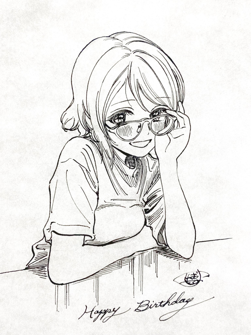 1girl blush breasts commentary_request glasses greyscale happy_birthday highres hiro_(dismaless) looking_at_viewer love_live! love_live!_sunshine!! medium_breasts monochrome short_hair short_sleeves sidelocks smile solo watanabe_you