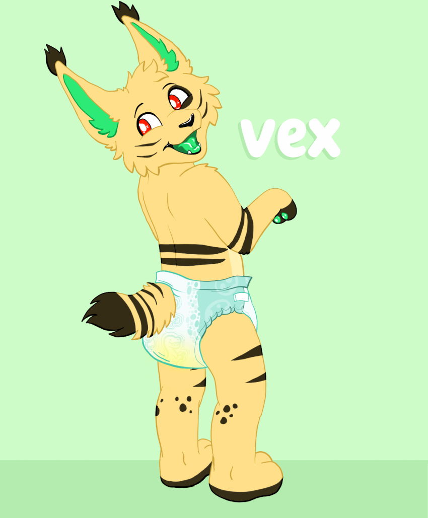 anthro bodily_fluids clothed clothing coyote_core diaper felid feline genital_fluids hi_res lynx male mammal solo urine wearing_diaper wet_diaper wetting