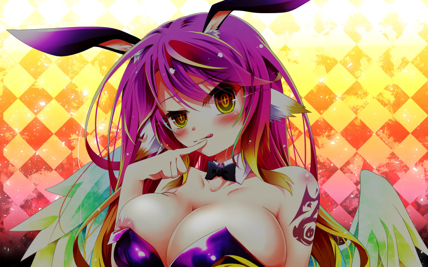 1girl :q angel angel_wings animal_ears bare_shoulders bird_ears blush breasts cleavage collarbone commentary_request cross feathered_wings gradient_eyes gradient_hair highres jibril_(no_game_no_life) large_breasts leotard licking_lips long_hair looking_at_viewer mii_aki multicolored_eyes multicolored_hair naughty_face nipple_slip nipples no_game_no_life orange_eyes pink_hair playboy_bunny purple_leotard rabbit_ears solo symbol-shaped_pupils tattoo tongue tongue_out wing_ears wings yellow_eyes