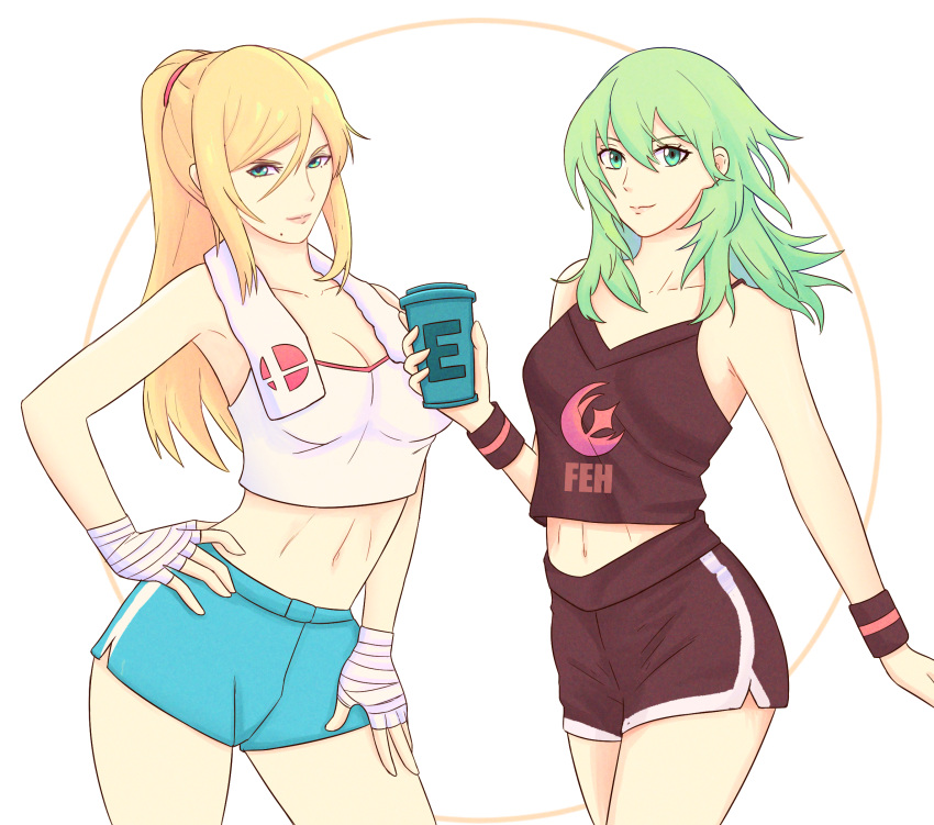 2girls bandaged_hand bandages bare_arms bare_shoulders black_shorts black_tank_top blonde_hair blue_eyes blue_shorts byleth_(female)_(fire_emblem) byleth_(fire_emblem) commentary cowboy_shot cup fire_emblem fire_emblem:_three_houses green_eyes green_hair highres holding holding_cup long_hair looking_at_viewer metroid mole multiple_girls ponytail samus_aran short_shorts shorts simple_background standing super_smash_bros. tank_top truejekart very_long_hair white_background