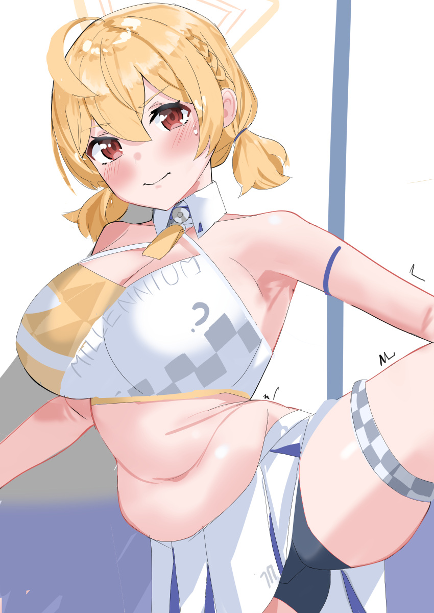 1girl absurdres ahoge armpit_crease aw999555 bike_shorts black_shorts blonde_hair blue_archive blush breasts collar detached_collar halo highres kotori_(blue_archive) kotori_(cheer_squad)_(blue_archive) large_breasts looking_at_viewer millennium_cheerleader_outfit_(blue_archive) official_alternate_costume red_eyes short_twintails shorts skirt solo thigh_strap twintails white_collar white_skirt yellow_halo