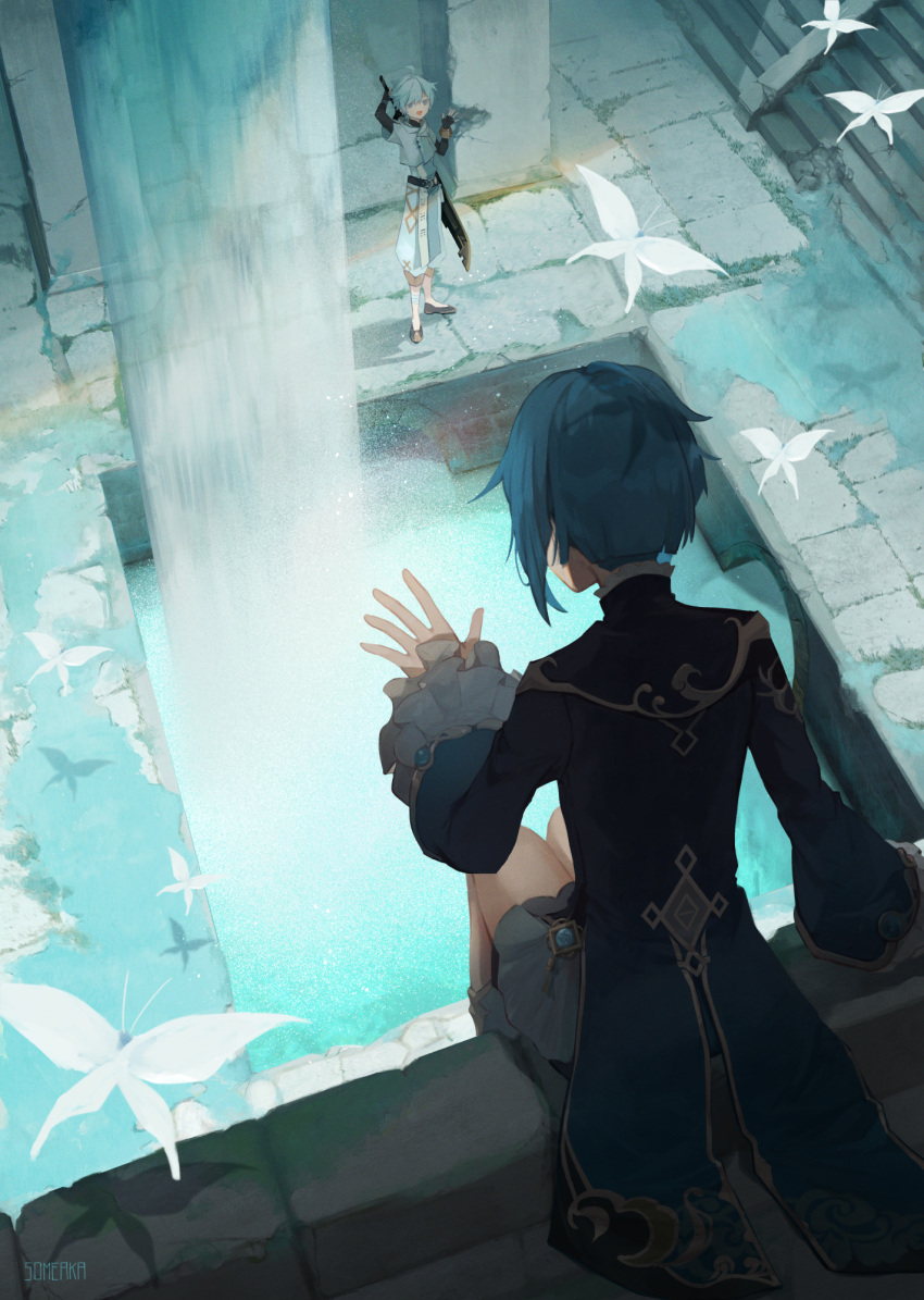 2boys :d ahoge arm_up artist_name bandaged_arm bandaged_leg bandages belt black_belt black_footwear black_gloves blue_coat blue_eyes blue_hair bracelet bug butterfly chongyun_(genshin_impact) coat coattails commentary_request cropped_hoodie elbow_gloves facing_away fingerless_gloves frilled_sleeves frills from_behind genshin_impact gloves gold_trim greatsword hand_up highres holding holding_sword holding_weapon hood hood_down hoodie jewelry long_sleeves looking_at_another male_focus multiple_boys open_mouth pants pillar ruins scenery shoes short_hair short_sleeves sitting smile someaka stairs standing sword the_unforged_(genshin_impact) vision_(genshin_impact) water waterfall waving weapon white_butterfly white_hoodie white_pants xingqiu_(genshin_impact)