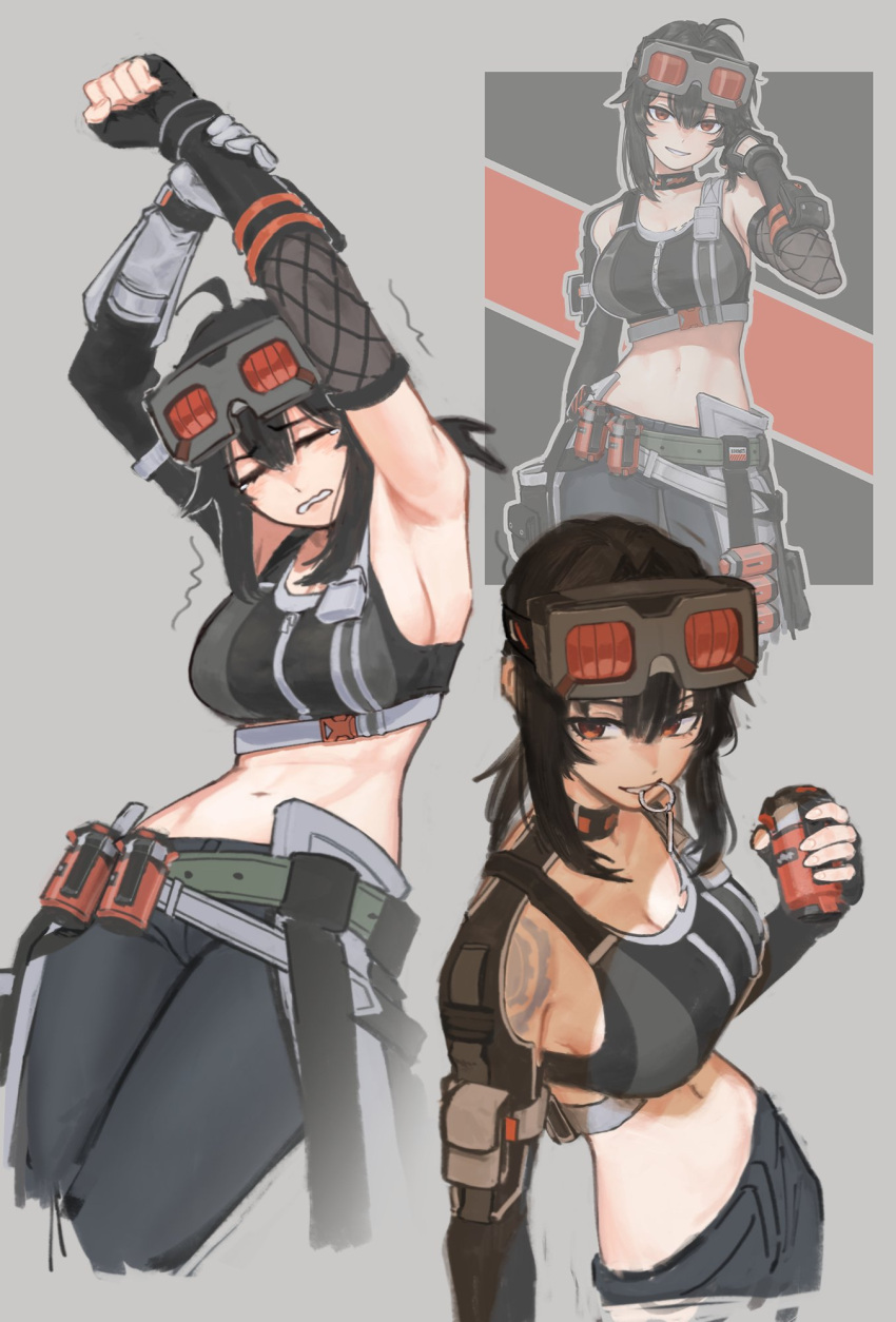 1girl adjusting_hair ahoge armpits belt black_gloves black_hair black_pants breasts cleavage closed_eyes commentary crop_top english_commentary explosive fingerless_gloves gloves goggles goggles_on_head grace_howard grenade grenade_pin_in_mouth grey_background grin hair_between_eyes halfbakelim highres holding holding_grenade large_breasts looking_at_viewer medium_hair midriff multiple_views navel no_ahoge pants pouch red_eyes reference_inset shoulder_tattoo sideboob simple_background smile solo stretching tattoo tears thigh_pouch torn_clothes zenless_zone_zero zipper