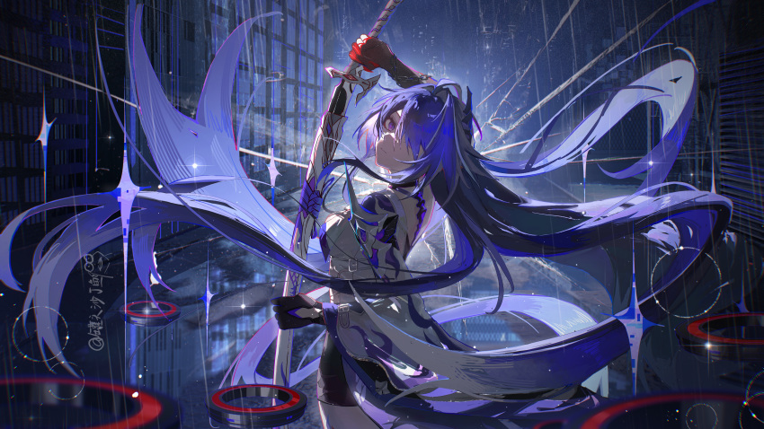 absurdres acheron_(honkai:_star_rail) armor back black_choker black_gloves black_shorts buckle chain chain_around_arm choker city cityscape cowboy_shot eiki- facing_away gloves hair_ornament hair_over_one_eye highres holding holding_sword holding_weapon honkai:_star_rail honkai_(series) katana long_hair looking_at_viewer purple_eyes purple_hair rain scabbard sheath shorts shoulder_armor signature sword unsheathing very_long_hair weapon wide_shot