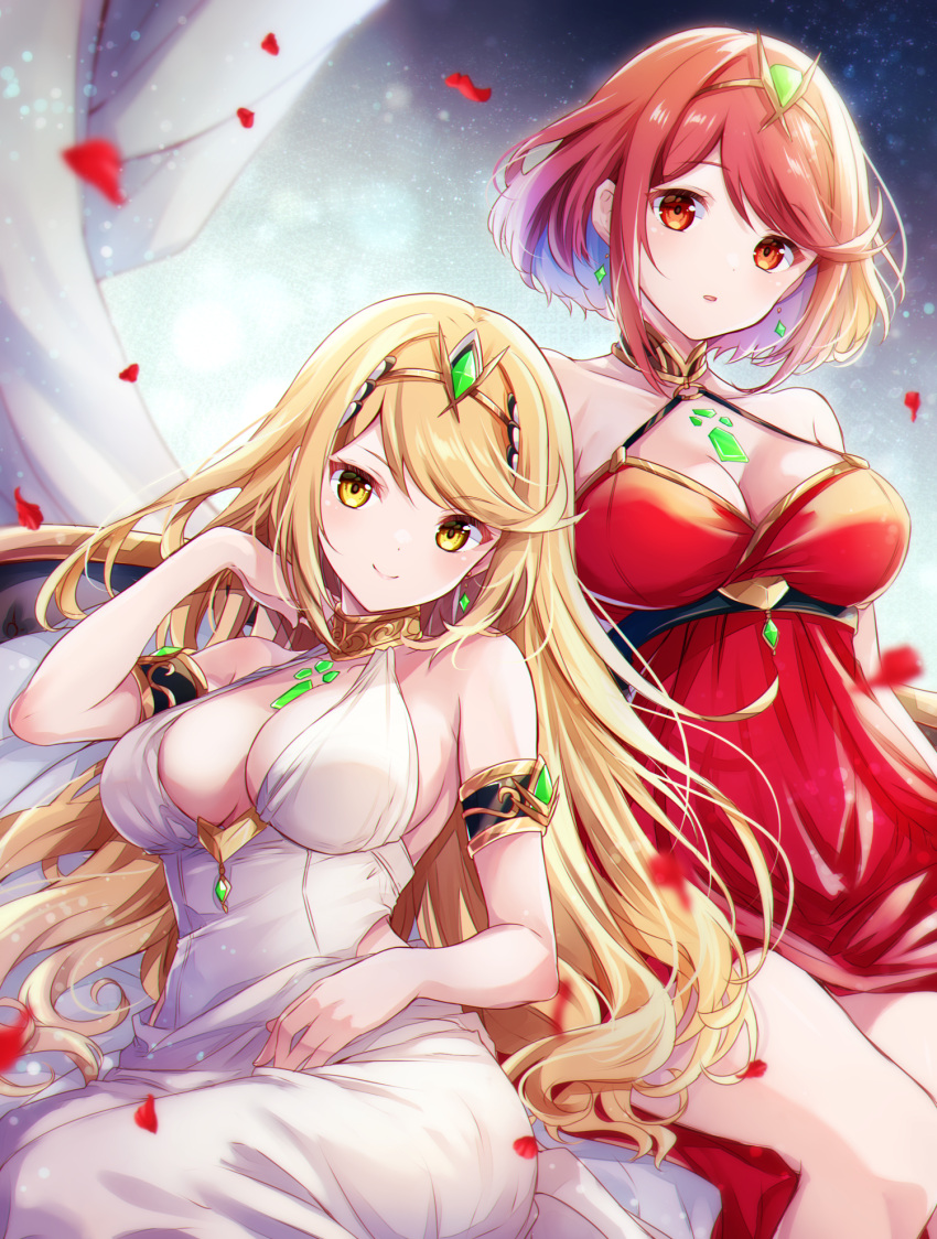 2girls alternate_costume armlet bare_shoulders blonde_hair breasts chest_jewel cleavage collarbone commentary_request core_crystal_(xenoblade) dress earrings falling_petals formal highres jewelry large_breasts long_hair looking_at_viewer multiple_girls mythra_(xenoblade) petals pyra_(xenoblade) red_dress red_eyes red_hair short_hair sitting smile strapless strapless_dress swept_bangs tiara ui_frara white_dress xenoblade_chronicles_(series) xenoblade_chronicles_2 yellow_eyes