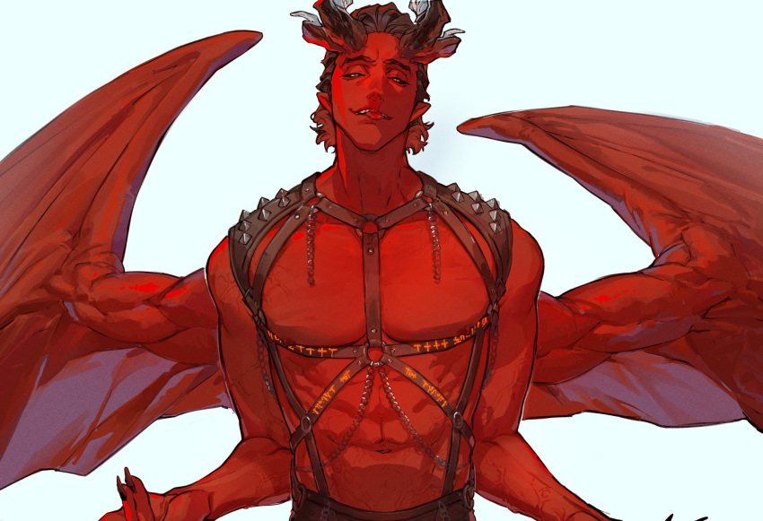 1boy abs baldur's_gate baldur's_gate_3 bara bare_pectorals cha_cha_(weibo_1886672467) colored_skin demon_boy demon_horns demon_wings dungeons_&amp;_dragons extra_arms highres horns large_pectorals looking_at_viewer male_focus monster_boy muscular muscular_male navel pectorals raphael_(baldur's_gate) red_skin revealing_clothes seductive_smile short_hair sideburns smile solo standing thick_eyebrows tsurime upper_body wings
