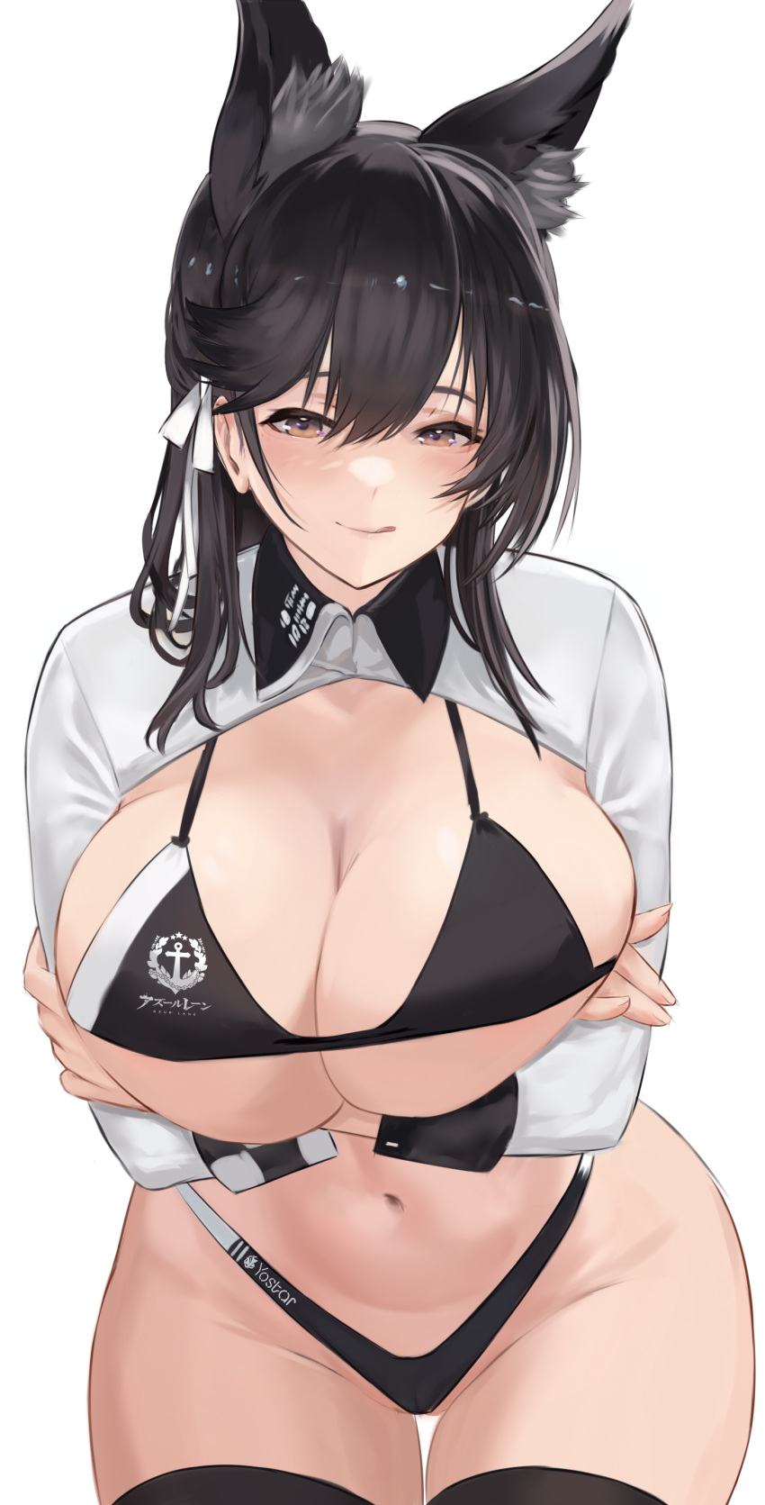 1girl absurdres atago_(azur_lane) atago_(stunning_speedster)_(azur_lane) azur_lane bikini black_bikini black_hair blush breasts brown_eyes chiyu1182 cleavage extra_ears highres large_breasts licking_lips long_hair long_sleeves looking_at_viewer navel official_alternate_costume race_queen shrug_(clothing) smile solo swimsuit thighhighs tongue tongue_out