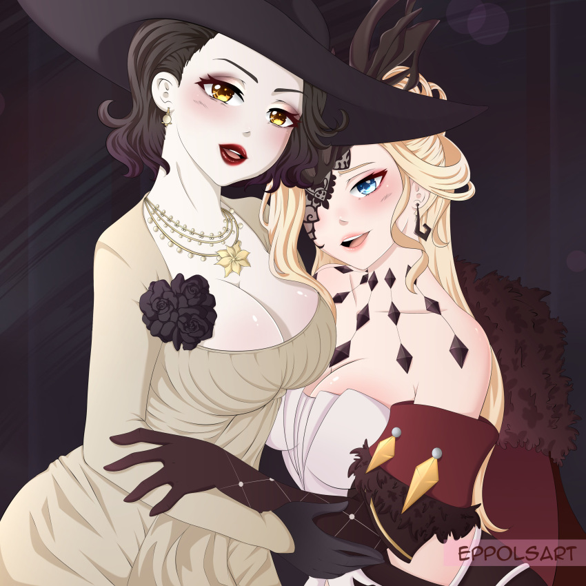 2girls absurdres alcina_dimitrescu bare_shoulders black_gloves black_hair black_mask blonde_hair blue_eyes breasts cape cleavage crossover dress dress_flower earrings eppols_art eye_mask fishnet_gloves fishnets flower fur_trim genshin_impact gloves half_mask hand_on_another's_arm hat highres jewelry large_breasts large_hat lips lipstick makeup mask mask_over_one_eye multiple_girls necklace one_eye_covered pearl_earrings red_lips resident_evil resident_evil_village signora_(genshin_impact) studded_gloves white_dress yellow_eyes