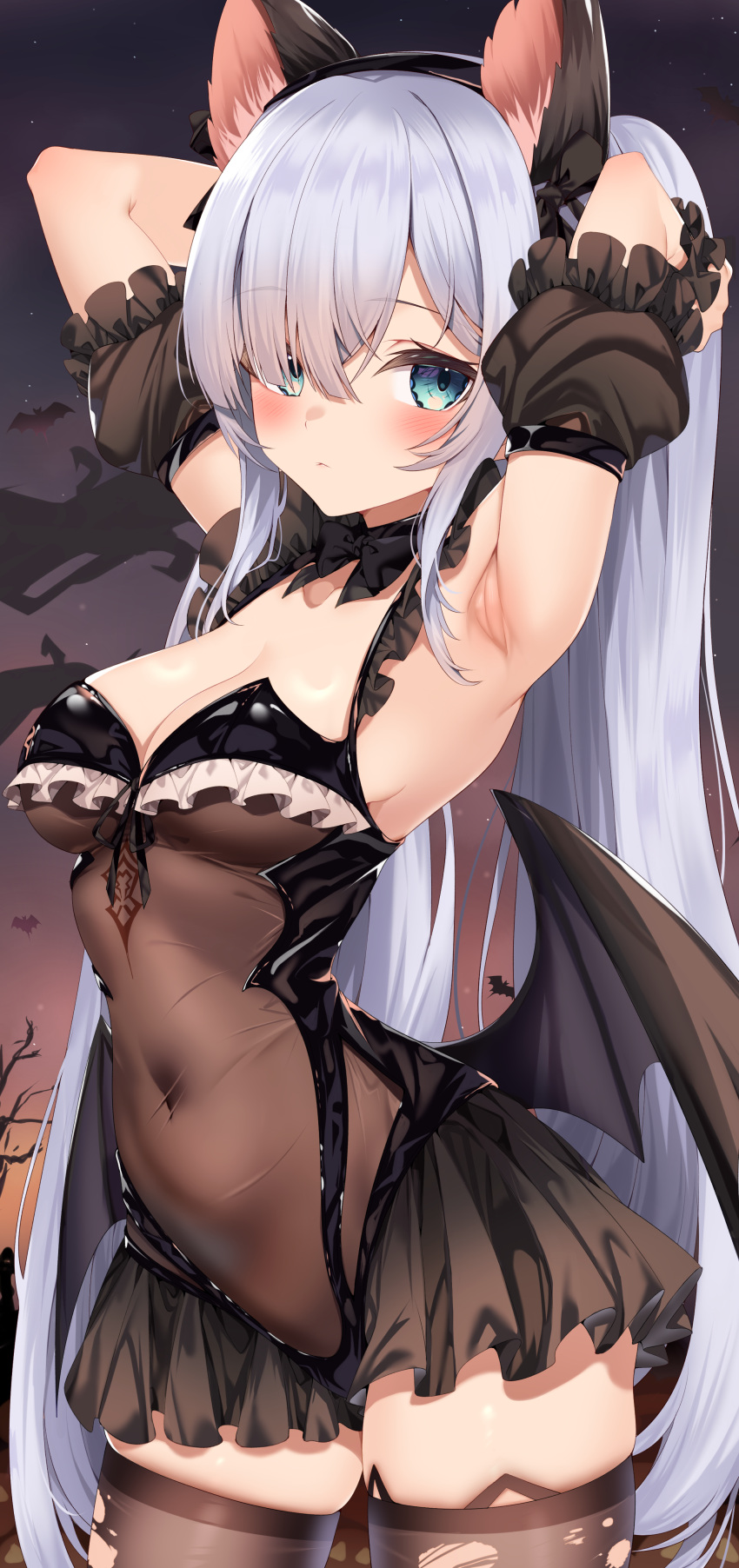 1girl absurdres animal_ears armpits arms_behind_head arms_up azur_lane bare_shoulders bat_wings black_bow black_choker black_leotard blue_eyes blush bow bow_choker breasts brown_thighhighs cat_ears choker cleavage closed_mouth commission covered_navel cowboy_shot detached_sleeves expressionless fake_animal_ears frills hair_over_one_eye hairband highres janus_(azur_lane) janus_(fright-night_scaredy-cat)_(azur_lane) jun_(aousa0328) latex leotard long_hair looking_at_viewer low_wings medium_breasts navel short_sleeves skeb_commission skindentation sky standing thighhighs thighs torn_clothes torn_thighhighs twintails very_long_hair white_hair wings