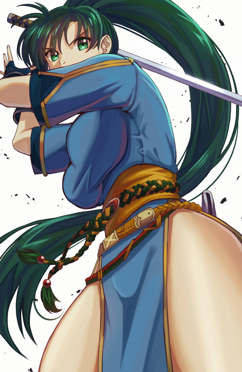 1girl absurdres blue_dress breasts dress fingerless_gloves fire_emblem fire_emblem:_the_blazing_blade fire_emblem_fates gloves green_eyes green_hair high_ponytail highres holding holding_sword holding_weapon large_breasts long_hair lyn_(fire_emblem) pelvic_curtain ponytail rope_belt side_slit sword ushiroki weapon