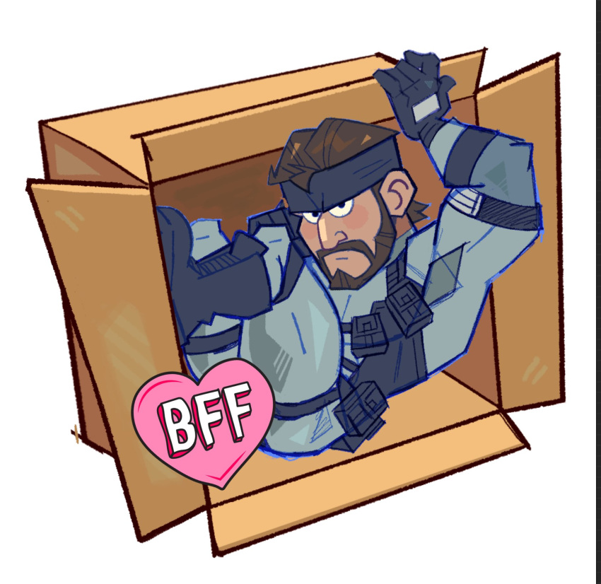 1boy ass bara beard blush box brown_hair cardboard_box censored deformed emoji emoji_censor facial_hair full_beard full_body gloves headband highres htoast_art in_box in_container looking_at_viewer male_focus mature_male metal_gear_(series) metal_gear_solid muscular muscular_male mustache sanpaku short_hair sitting solid_snake solo thighs tsurime