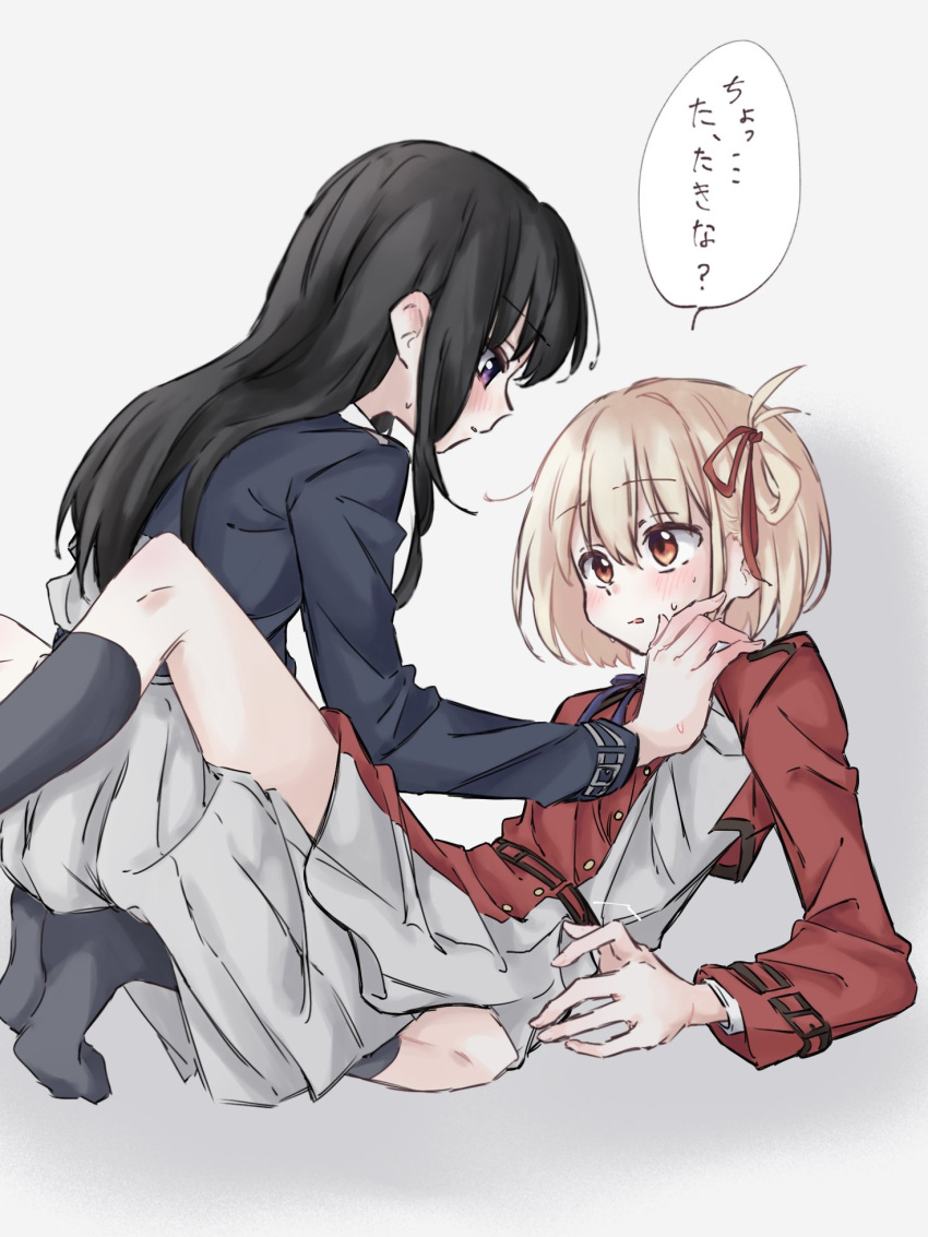 2girls between_legs black_hair black_socks blonde_hair blue_dress blue_ribbon blush commentary_request dress grey_background hair_ribbon hand_on_another's_shoulder highres inoue_takina kneehighs kneeling long_hair long_sleeves looking_at_another lycoris_recoil lycoris_uniform medium_hair multiple_girls neck_ribbon nishikigi_chisato one_side_up pleated_skirt purple_eyes reclining red_dress red_eyes red_ribbon ribbon shadow simple_background skirt socks speech_bubble sweat syonosuke9573 translation_request yuri