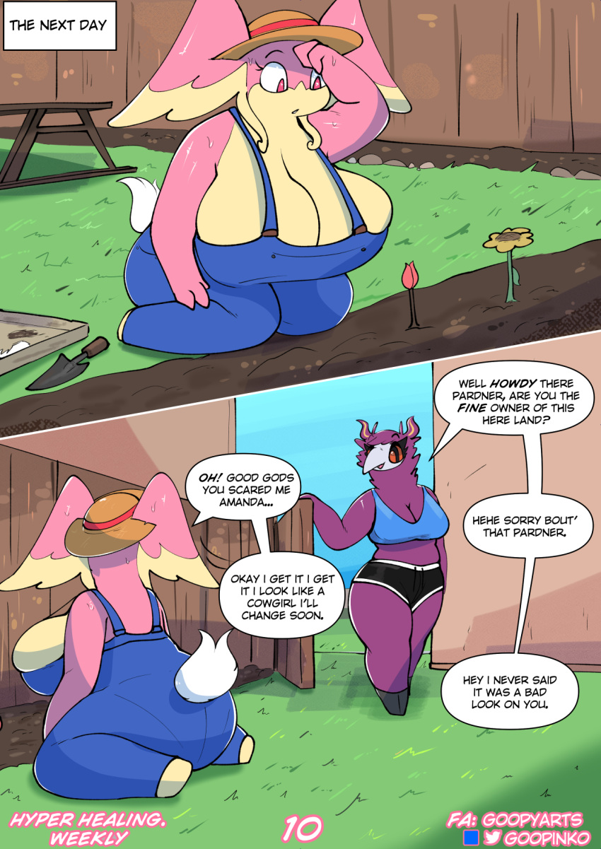 anthro aromatisse audino big_breasts breasts clothed clothing female feral generation_5_pokemon generation_6_pokemon goopyarts hi_res huge_breasts hyper hyper_breasts nintendo overalls pink_body pokemon pokemon_(species) raina_(goopyarts) slightly_chubby thick_thighs wide_hips