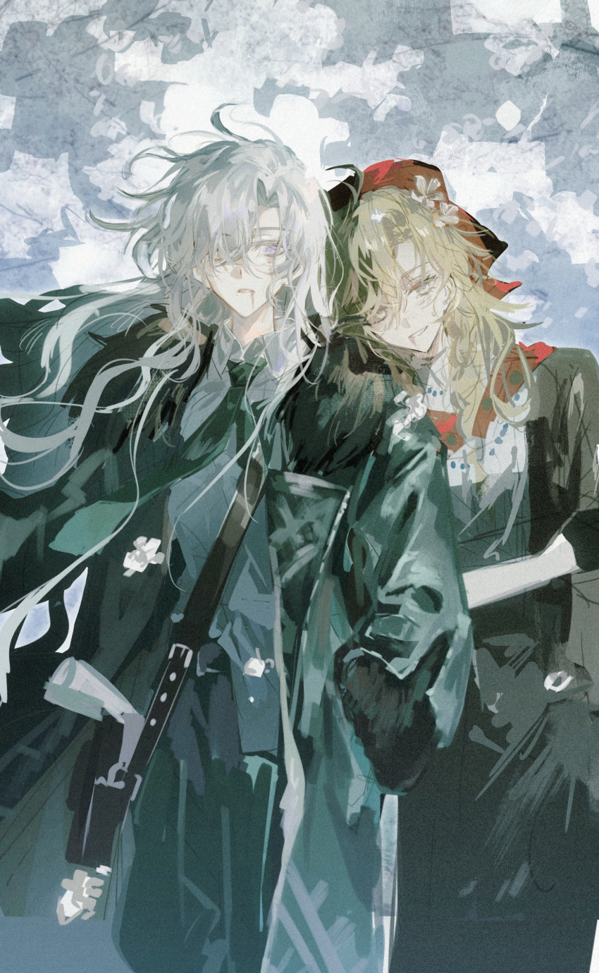 2girls absurdres blonde_hair coat cuddling head_scarf highres long_hair mature_female multiple_girls reverse:1999 vila_(reverse:1999) white_hair windsong_(reverse:1999) yuri