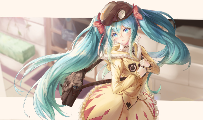 1girl absurdres bag blue_eyes blue_hair blurry blurry_background blush brown_hat eyebrows_visible_through_hair floating_hair frilled_skirt frills gradient_hair green_hair hair_between_eyes hat hatsune_miku head_tilt highres hood hood_down hooded_jacket icefurs jacket long_hair long_sleeves looking_at_viewer miniskirt multicolored_hair open_mouth outdoors skirt solo standing sweater turtleneck turtleneck_sweater two-tone_hair very_long_hair vocaloid white_sweater yellow_jacket yellow_skirt