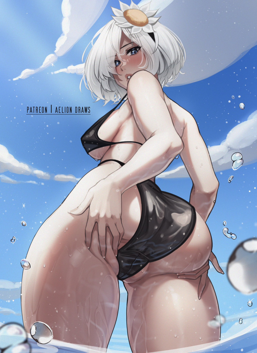 1girl 2b_(nier:automata) aelion_draws ass ass_support bikini blindfold blue_sky breasts flower hair_flower hair_ornament hair_over_one_eye highres huge_ass large_breasts medium_breasts nier nier:automata nier_(series) outdoors short_hair sideboob sky swimsuit thick_thighs thighs wet white_hair