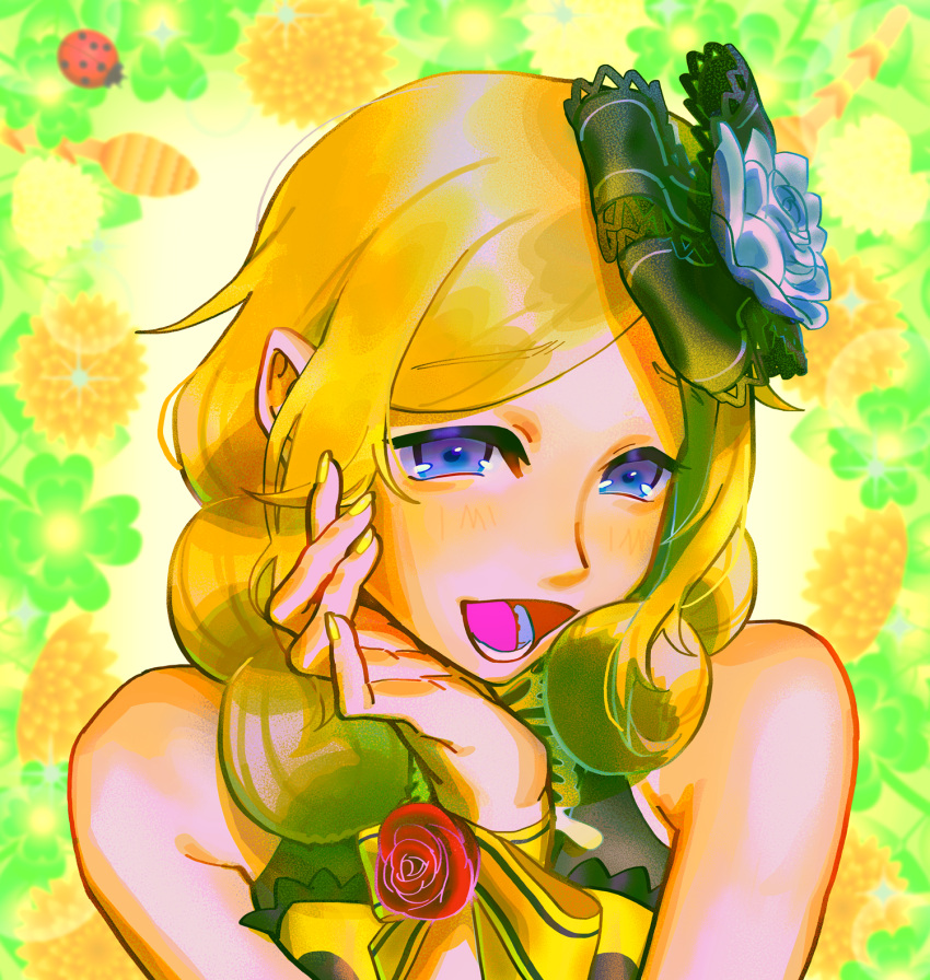 1girl :d bare_shoulders black_bow blonde_hair blue_eyes blue_flower bow bug clover commentary_request floral_background flower four-leaf_clover hair_bow hand_on_own_cheek hand_on_own_face hand_up highres iria59 ladybug long_hair looking_at_viewer nail_polish open_mouth orange_flower pretty_rhythm pretty_rhythm_rainbow_live pretty_series red_flower red_rose rose smile solo takanashi_otoha upper_body