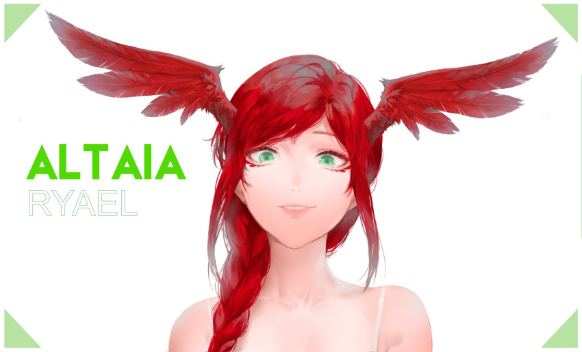 1girl altaia_(reyrah) braid character_name commission green_eyes hair_over_shoulder head_wings highres keibleh looking_at_viewer original red_hair smile solo spaghetti_strap upper_body wings